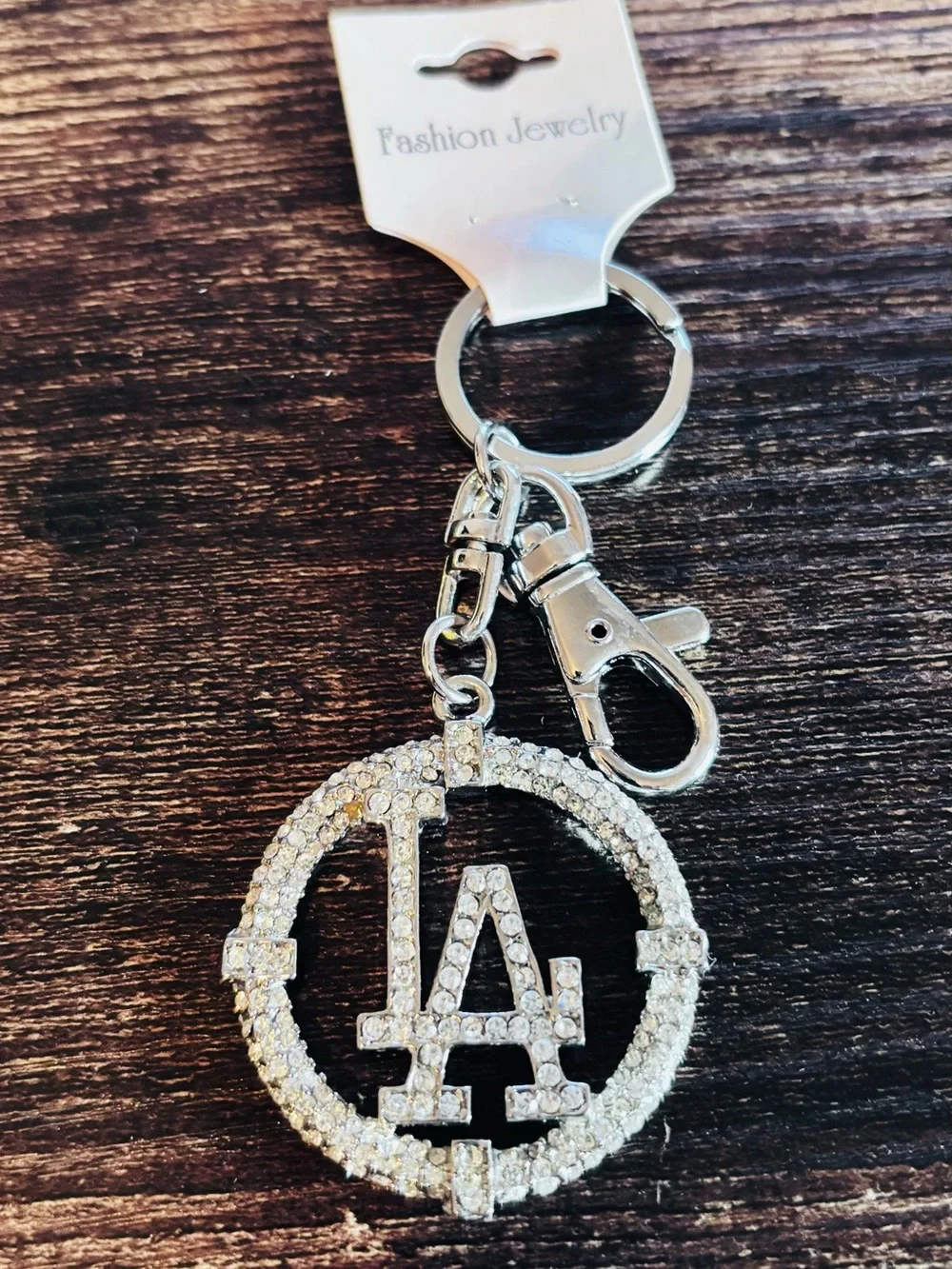 Silver Tone Rhinestone LA Circle Keychain - Picture 1 of 3